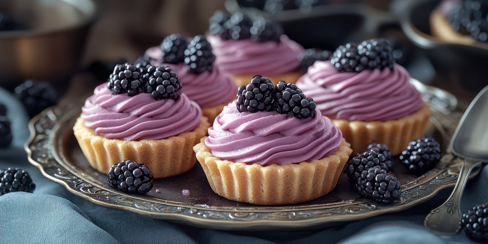 Delicious blackberry cream tarts arranged on a vintage platter at a cozy dessert gathering